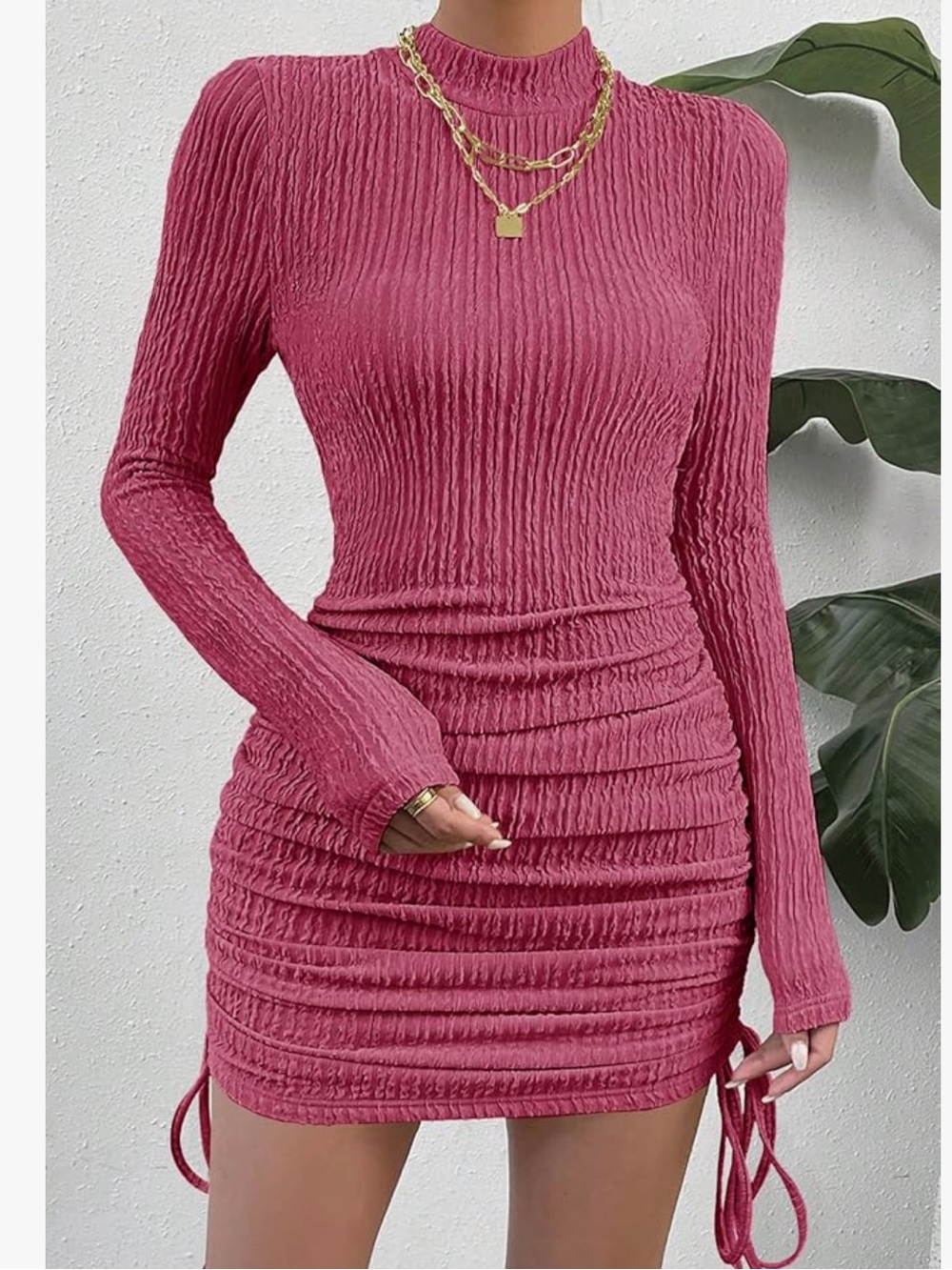 Long-Sleeve Ruched Mini Dress in Rose Pink